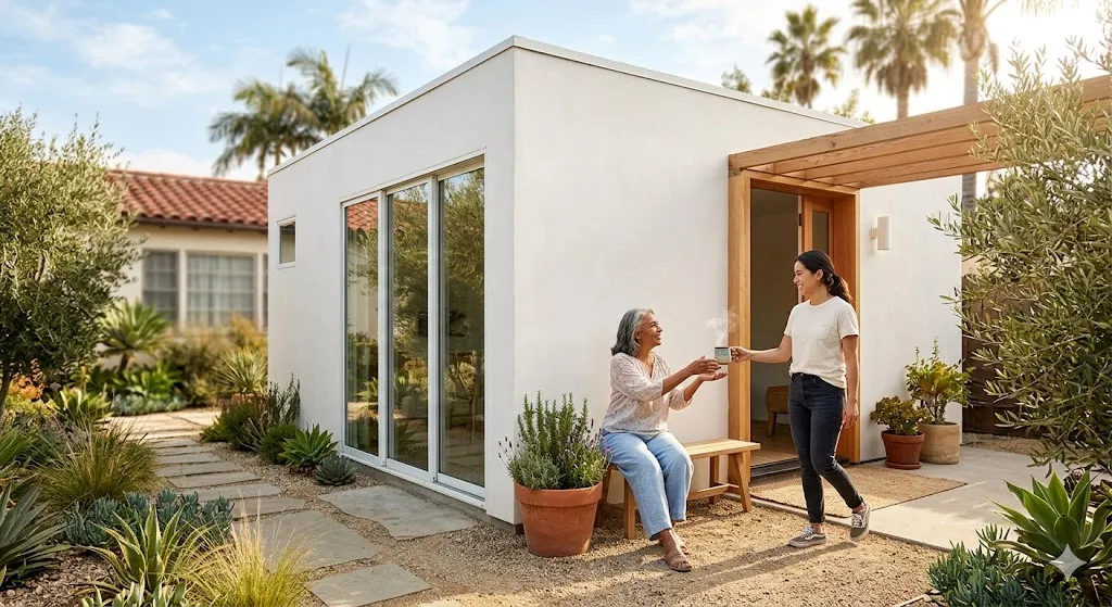A young woman brings a warm drink to an older woman seated outside a modern backyard ADU.